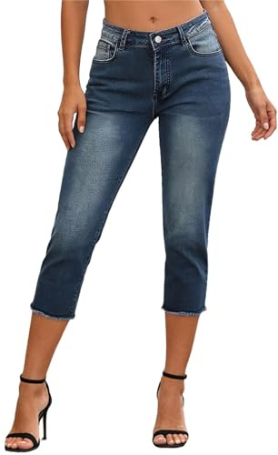 Vaqueros Piratas Elásticos para Mujer, Pantalones Tejanos Capri con Dobladillo Desgastado Lavado, Vaquero Recto de Ajuste Cómodo para Verano Diario.