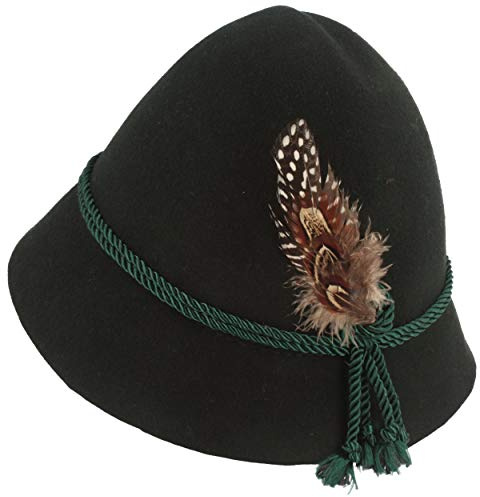 Breiter Cappello per Bambini in Feltro per Costume Regionale Berretto Tradizionale Bavarese 100% Lana con Cordoncino di Seta e Piccola Piuma per Ragazze e Ragazzi Verde 54