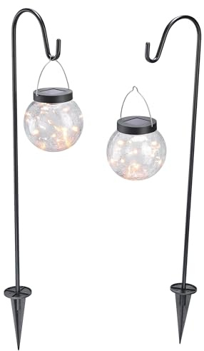 Esotec Solar Gartenleuchte Hängeleuchte 2er Set Gartendeko Glaskugel 102314 | 2 Solarleuchten, Glaskugel Ø12×80cm, Echtglas Bruchglasoptik, 20 LEDs 3000K, Erdspieß, warmweiß, Akku wechselbar