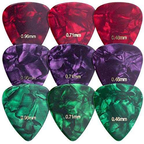 kwmobile Set de 9 púas para guitarra - En calibres fino medio y grueso - Para acústica eléctrica bajo o ukelele - Rojo oscuro/Verde oscuro/Morado