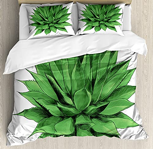ABAKUHAUS Agave Bettbezug Set für Einzelbetten, Realistische Sketch Kaktus Kunst, Milbensicher Allergiker geeignet mit Kissenbezug, 130 x 200 cm - 70 x 50 cm, Weiß und Lindgrün