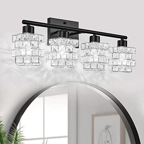 BEHIYA 4 Lights Bathroom Vanity Light, Crystal Bathroom Light Fixture Over Mirror, Matte Black & Crystal Indoor Wall Lights | Chrome Glass Modern Lampshade for Sink, Mirror & Foyer Corridor