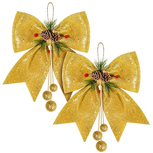 U/ D Weihnachtsschleife, rote Kränze, Schleifen, große Weihnachtsbaumschleife, Pailletten, Schleife, Weihnachten, dekorative Schleifen für Zuhause, Dekoration, Weihnachtsfeier, 2 Stück (Gold)