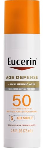 Eucerin Sun Age Defense SPF 50 Face Sunscreen Lotion with Hyaluronic Acid, Hypoallergenic, Non-Comedogenic Sunscreen SPF 50 Free of Fragrance, Oxybenzone and Octinoxate, 2.5 Fl Oz Bottle