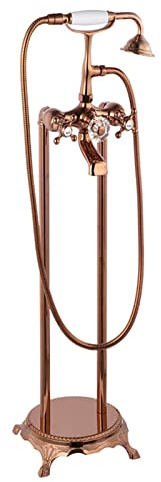 ATNKYOU Bathtub Faucet Rose Gold Bath Tap Free Standing Tub Mixer Tap Brass Double Cross Knobs Floor Mount Tub Filler with Handheld Shower Telephone Shape