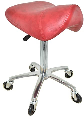 VAKON SALON - Premium Sattelhocker Rot, Sattelstuhl für Rückenentlastung, Rollhocker höhenverstellbar von 55-75 cm, Drehhocker, Praxishocker, Bürohocker, Arbeitshocker