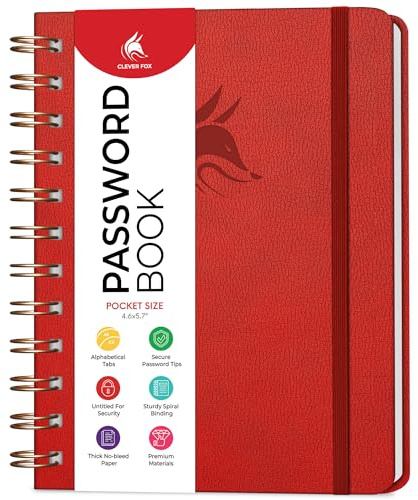 Clever Fox Password Book Spiral – Mini Internet Address Log with Alphabetical Tabs, Small Password Keeper & Organizer - Pocket 12x14cm (Red)