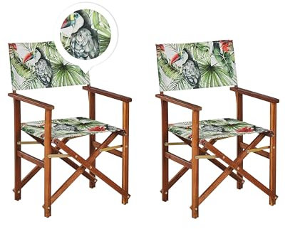 Beliani Zwei Gartenstühle Dunkles Akazienholz Textil grau/bunt Tukanmotiv Cine