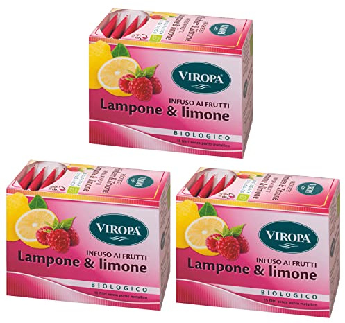 3x Viropa - Infuso ai Frutti - LAMPONE e LIMONE - 15 filtri - Confezione da 3 x 15 filtri - Tisane ed infusi in filtro + in OMAGGIO Assortimento tisane funzionali Viropa