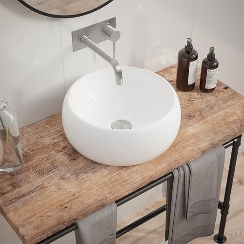 Lavabo da Appoggio Senza Troppo Pieno 40x40x15,5 cm Tondo in Ceramica Bianco Lucido per Mensole da Bagno Sospese