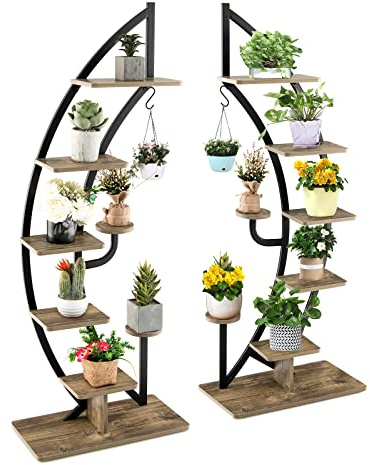 RELAX4LIFE Porta Piante da Interno, Scaffale per Piante con 7 Ripiani e 2 Ganci, Dispositivo Antiribaltamento, Porta Vasi per Soggiorno e Camera da Letto (2, Nero, Mezzaluna)