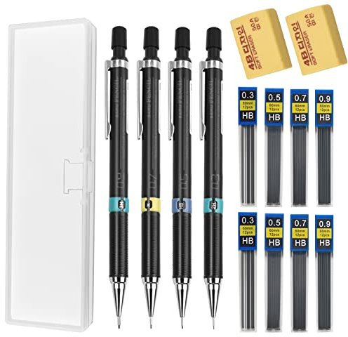 15 Stück Druckbleistift Set, 0,3/0,5/0,7/0.9 Mechanical Pencil Minenbleistifte Kinder Fallminenstift Metall Automatische Bleistifte Mit 8 Bleistiftminen HB 2 Radiergummi Federmäppchen Büro Zubehör