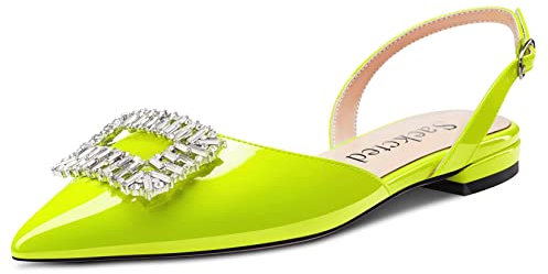 Saekcted Donna Chunky Blocco Basso Tacco Heel a Punta Sandali Slingback Diamante Cristallo Feste Cute Scarpe Verde Lime 39 EU