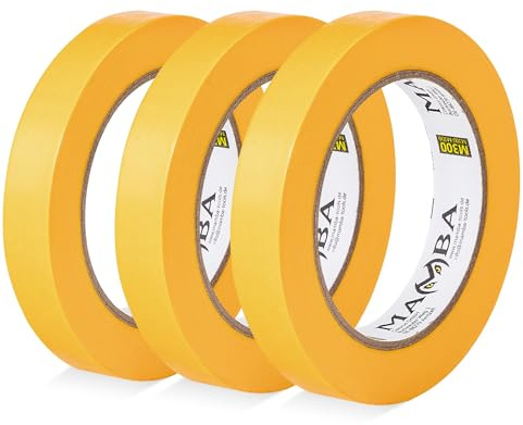 Mamba Goldband Malerkrepp 3x 19 mm x 50 m Kreppband selbstklebend | Schmales 19 mm Goldband für Sprossen, Profile und feine Farbkanten – 3 Rollen Washi Tape aus Papier