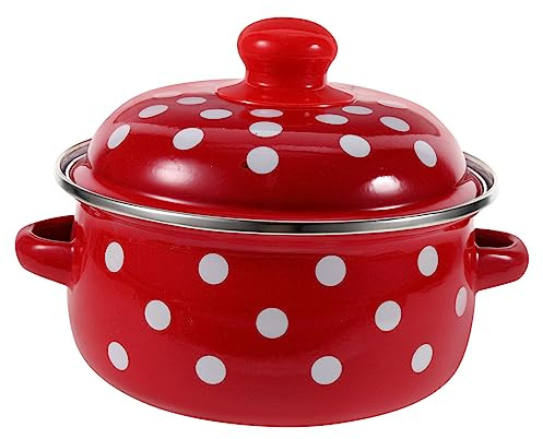HOMSFOU Emaille Suppentopf Mit Doppelgriffen Und Deckel Zum Kochen Von Suppe Und Porridge Energiefördernd Isolierend Retro Design Rot Mit Weißen Punkten