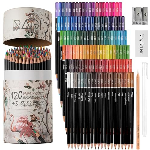 RAGI Juego de lápices de colores de 123 piezas Lápices de colores de 120 colores con núcleo blando pintar, dibujar, colorear para adultos y niños lápices de colores en un tubo de cartón