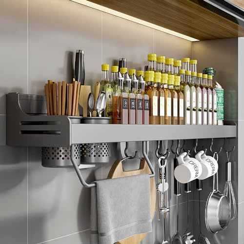 COITROZR Gewürzregal,Küchenregal Wand ohne Bohren,Gewürzregal Hängend Mit 10 Haken & 2 Hängebecher Anhebbares,Küchen Organizer Wandregal Regal,küchenutensilienhalter,60cm Grau