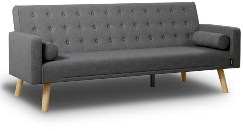 Nalui - Sofá Cama 3 Plazas Acolchado 203x82x78cm One Dots, 2 Cojines y Apertura Clic-Clac con Reclinación Ajustable. Sofá Cama Chaise Longue con Patas de Madera Convertible en Cama Doble|Gris Oscuro