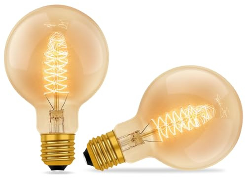 E27 Vintage Edison Light Bulbs Dimmable, Amber Glass Warm White 2700K, 400 Lumen, ES Edison Screw, G80 Globe Vintage Bulb, Spiral Filament Bulbs, Retro Decorative for Ceiling, Chandelier, 2 Pack