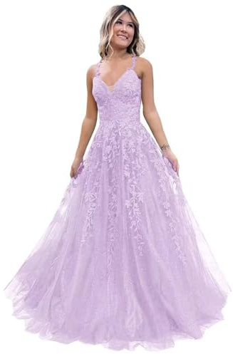 Damen V-Ausschnitt Tüll Abendkleider Applikationen Spitze Lange A Linie Spaghettiträger Ballkleid Quinceanera Kleider für Teens