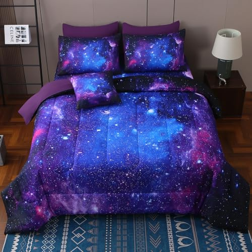 JQinHome Queen Galaxy Purple Comforter Sets Blanket,6 Piece Bed in A Bag 3D Outer Space Themed Bedding, All-Season Reversible Quilted Duvet, for Children Boy Girl Teen Kids(Blue Purple)