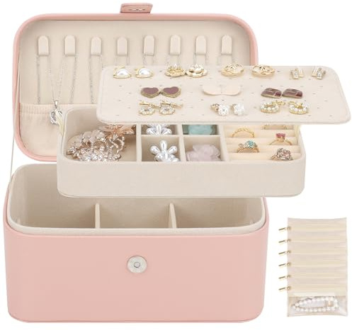DesignSter Schmuckkästchen Reise, 2 Ebenen Schmuckaufbewahrung Mädchen Damen, Tragbares Schmuckkasten für Ringe Ohrringe Halsketten mit 6 transparenten Schmuckbeutel aus Samt, Rosa