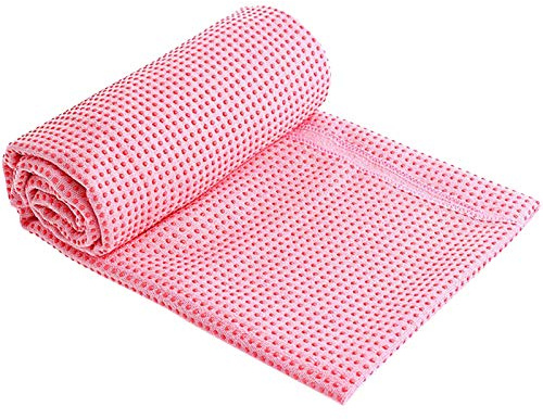 Serviette antidérapante yoga pour tapis, sac transport maille, 183 x 63 cm microfibre, poignée silicone, Hot Yoga Bikram Pilates (rose)