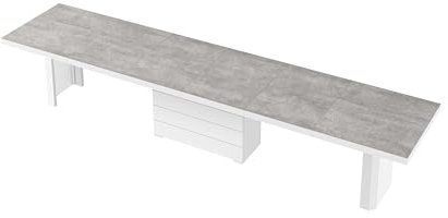 designimpex Design Esstisch HE-444 Beton/Weiß Hochglanz ausziehbar XXL 160 cm bis 412 cm Esszimmertisch für 16 Personen Kitchentable Funktionstisch Ausziehtisch Esszimmer Tisch Esszimmermöbel