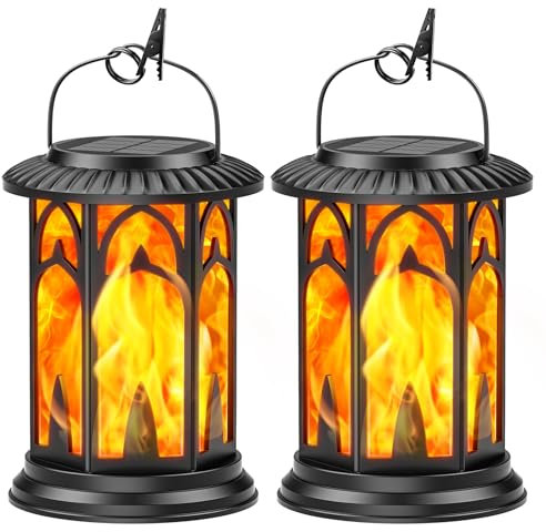 BUCASA Lot de 2 lanternes solaires vintage à suspendre pour l'extérieur, avec effet de flamme réaliste, pour balcon, table, jardin, décoration d'Halloween