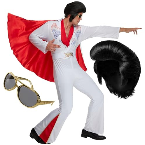 Morph Rockstjärnekostym för Herrar med Peruk & Glasögon, Vit Jumpsuit med Fastsydd Cape & Dekorativt Bälte