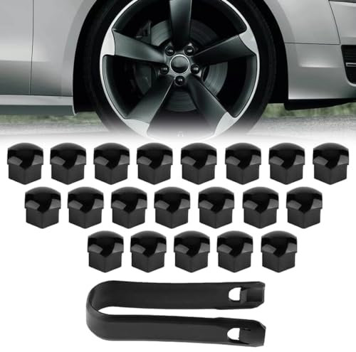 JEYORZY 20 pcs Capuchons d'écrou de Roue, 19 mm Anti-poussière Couvercle de Jante placage Hexagonal Chrome Boulon Couvre Roue Cache-écrous Bouchon d'Écrou de Roue avec 1 Outil Suppression, noir