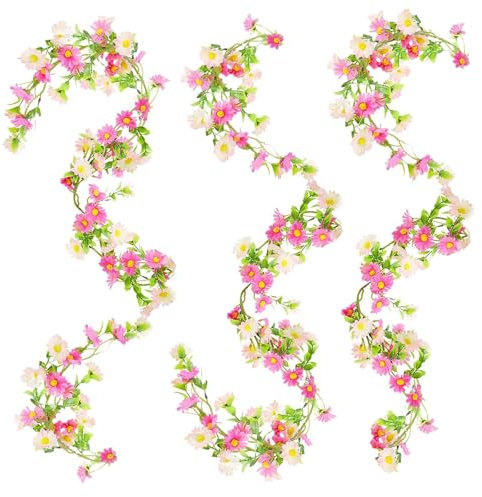 3 Stück Künstliche Blumengirlande, Gänseblümchen Girlande Deko, Rosa Kunstblumen, Blumengirlande, Gänseblümchen Rebe Hängende Kunstpflanze für Hochzeitsbogen, Türanordnung, Deko