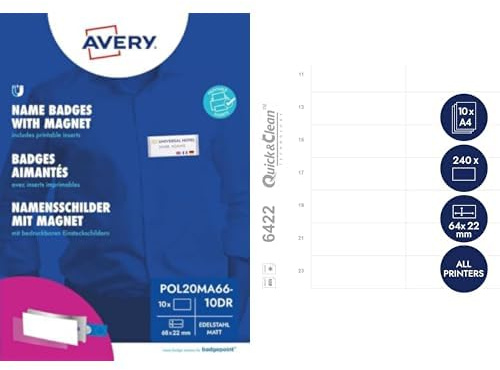 AVERY Zweckform polar20 Namensschilder 10 Stück (68x22mm, mit Magnet, verdrehsicher) edelstahl, matt + DPC6422A-10 Einsteckschilder für Namensschilder 240 Stück (64x22mm, bedruckbar, für polar20) weiß