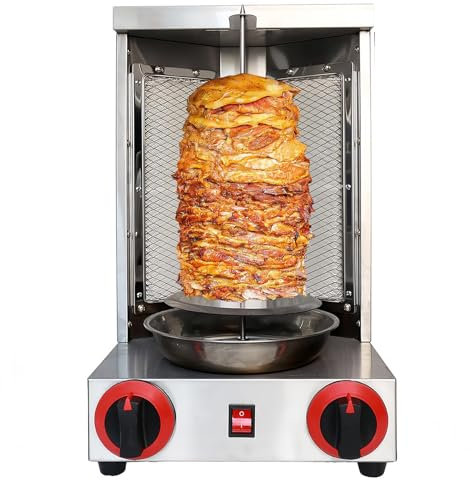 SAIYERUS Barbecue à Kebab à Gaz pour La Maison, Acier Inoxydable, Kebab Vertical, Capacité de Charge Maximale 5 Kg, Tournebroche à 360 °, Température 300 °C, pour Hôtels, Restaurants et Magasins,110V