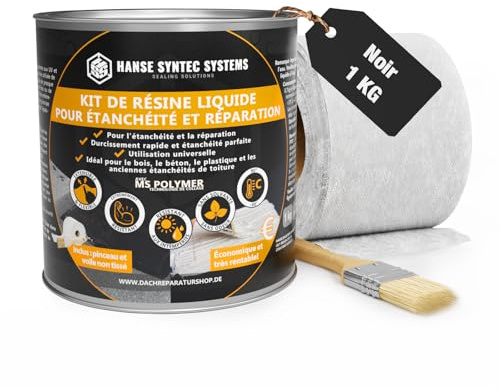 Kit de Membrane d'Étanchéité - Incl. un pinceau et un non-tissé - Joint exterieur et interieur - Colle Étanche pour Fissures & Fuites – Directe Sans Primaire – Tous Matériaux (Noir, 1kg)