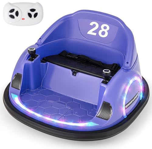 COSTWAY 12V Auto Tamponneuse Électrique Enfants avec Télécommande 2,4G, Voiture Tournante Bébé 360°avec Lumières Clignotantes & Musique, Démarrage Lent, Charge 25kg pour Enfants de 18 Mois+ (Violet)