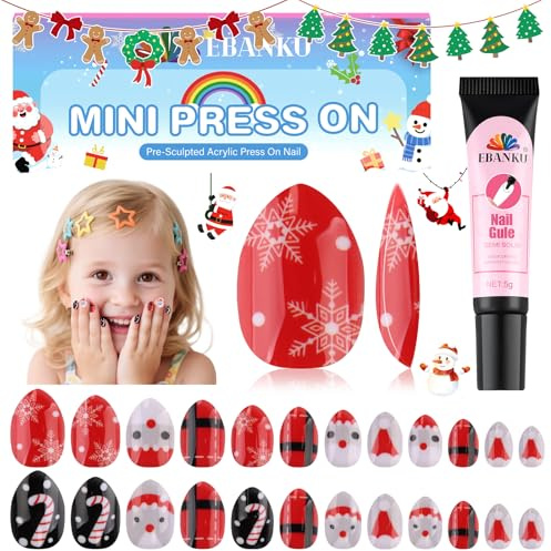 24 Stück Weihnachts-Kunstnägel, Kunstnägel mit vollständiger Abdeckung, niedliche künstliche Nägel mit klassischen Weihnachtsmotiven rote glänzende Klebenägel für Mädchen und Kinder | with Classic Christmas Designs Red Glossy Stick on Nails for Girls Kids with Nail Glue