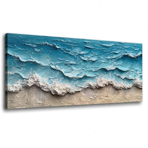 Lupia - Quadro moderno Canvas World ONDE 52x122 cm, Stampa su Tela effetto Pennellate tridimensionale, Telaio in Legno, per soggiorno capezzale camera da letto ufficio onde del mare spiaggia