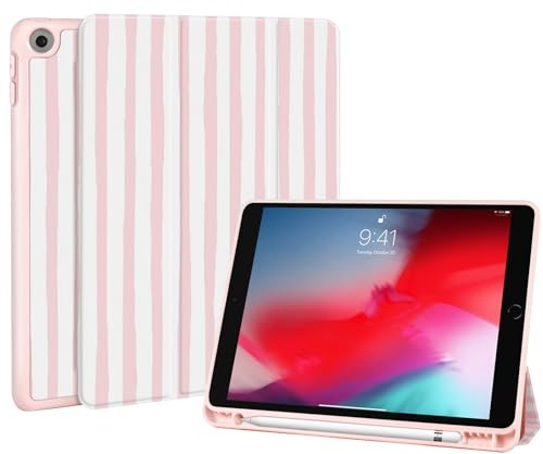 Fycyko Hülle für iPad 9./8./7. Generation 2021/2020/2019, iPad 10.2 Zoll Hülle mit Stifthalter,Cute Rosa Weiß Gestreifte Muster Schutzhülle mit Trifold Ständer, Rosa Ästhetisches Schutzhülle