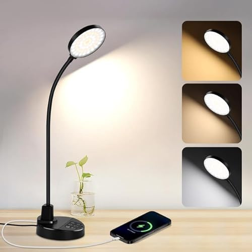 Schreibtischlampe LED Dimmbar, Leselampe mit Flexibler 360° Schwanenhals, 3 Farbtemperaturen, 5 Helligkeiten & 4 Timer, Schreibtischlampe mit Ladefunktion für Büro, Schlafzimmer, 9 cm Lampenkopf