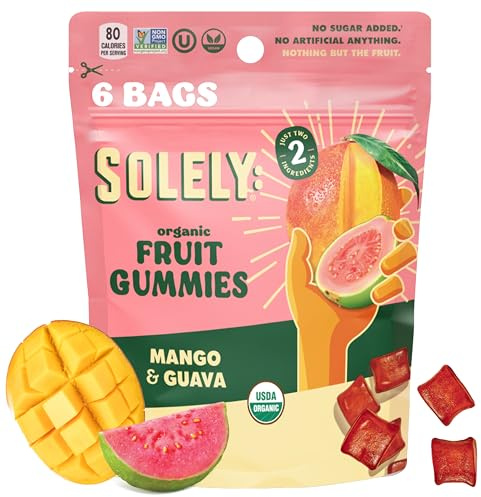 SOLELY - Organic Mango & Guava Whole Fruit Gummies (2.5 oz Large Pouches, Pack of 6) - Real Fresh Fruit - Healthy Snacks for Adults & Kids - Non GMO, Vegan Snacks, Shelf Stable - 6 Bags (15 oz)