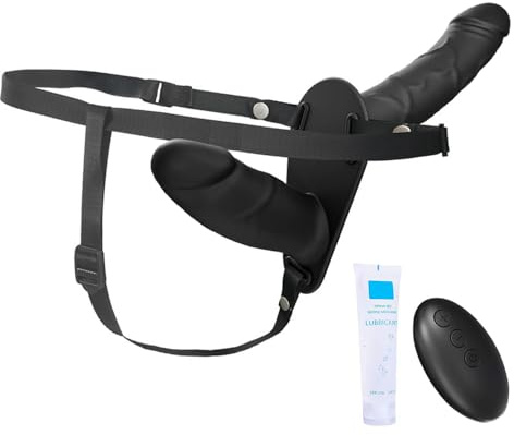 Qcpuuu Dildo Strap-on per donna, Dildo Strap-on con 2 code e 10 modalità di vibrazione e 25 g di lubrificante