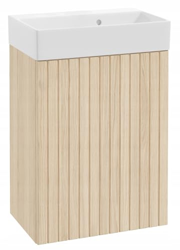 DomoDomo - Lavabo con mobiletto sospeso da 50 cm – Armadietto da bagno con lavandino moderno – Mobile lavabo effetto legno dąb Vicenza – Armadietto da bagno da appendere per piccoli bagni