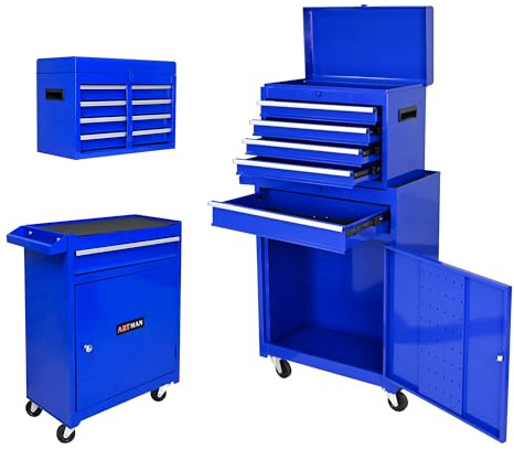 bytnghy Boîte à Outils avec 5 tiroirs à roulettes, boîte à Outils 2-en-1, Grande Armoire à Outils avec Serrure, boîte à Outils en métal sur Pied pour Atelier de Garage (Bleu)