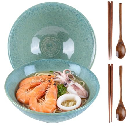CZCMYAU 2-teiliges Ramenschalenset, 1200 ml große japanische Suppenschale aus Keramik mit Stäbchen und Löffel, Asiatisches Geschirr für Pasta, Pho und Salat, Grün