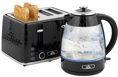 HOMCOM Kettle and Toaster Set 1.7L 3000W Jug Kettle 4 Slice Toaster Black