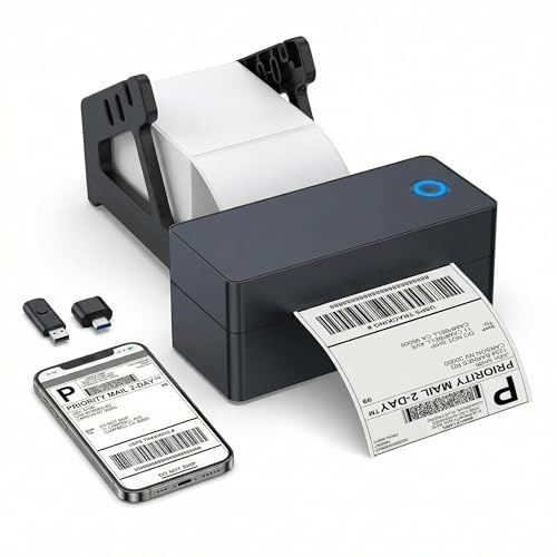 Bluetooth-etikettskrivare 4 x 6 (100 x 150 mm), termisk skrivare för DHLs fraktetiketter, Amazon FBA & Shopify, inkl. stativ, USB-minne (drivrutin) och 30 etiketter, kompatibel med iOS/Android/Windows