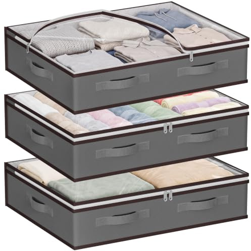 JAECU 3pcs 40L Bolsas Almacenaje Ropa Debajo de la Cama Plegable 60x45x15cm | Cajas Almacenaje con Ventana Transparente, Organizador Armario para Abrigos Mantas Edredones, Gris