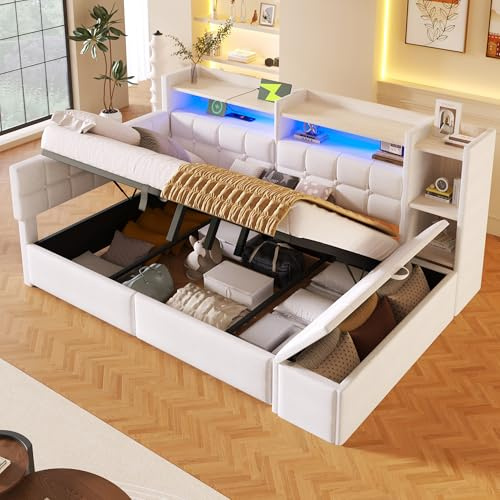 NovaFurnish Tagesbett, Schlafsofa, 140×200cm, mit Zwei Schubladen, USB- und Typ-C-Anschlüssen, Ablagefach, Stauraumbank am Fußende, LED-Lichtleiste, Ohne Matratze, Samt, Weiß