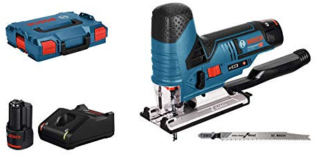 Bosch Professional 12V System Akku Stichsäge GST 12V-70 (Schnitttiefe in Holz: 70mm, inkl. 2x 3.0Ah Akku, GAL 1230 CV, 2x Stichsägeblatt, Spanreißschutz, Gleitschuh, Absaug-Set, Einlage, L-BOXX)